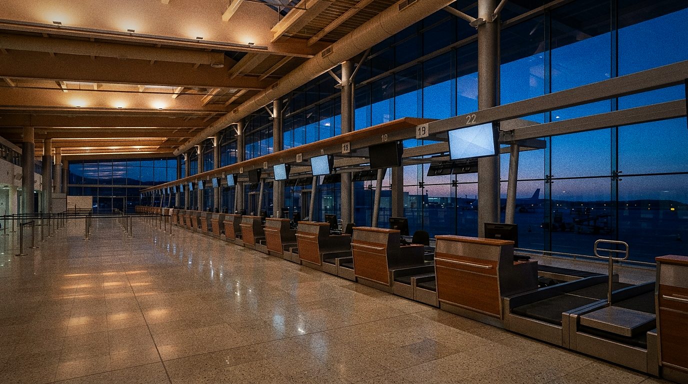 Abflughalle mit Check-in-Schaltern am Flughafen Paphos