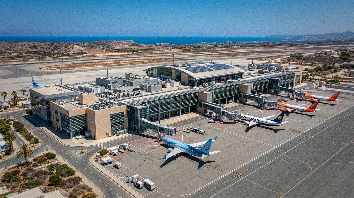 Terminalfassade des Flughafens Paphos am Tag