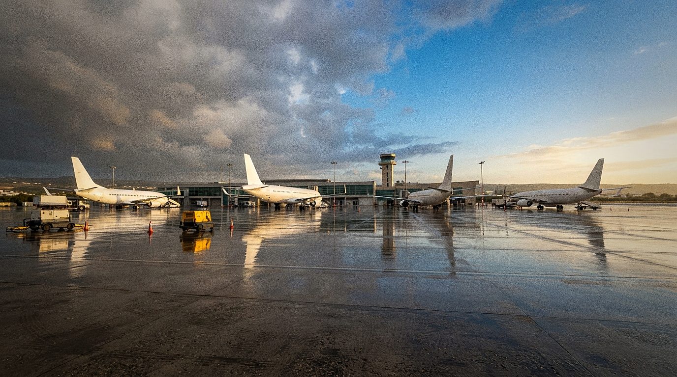 Vorfeld des Flughafens Paphos mit parkenden Ferienfliegern